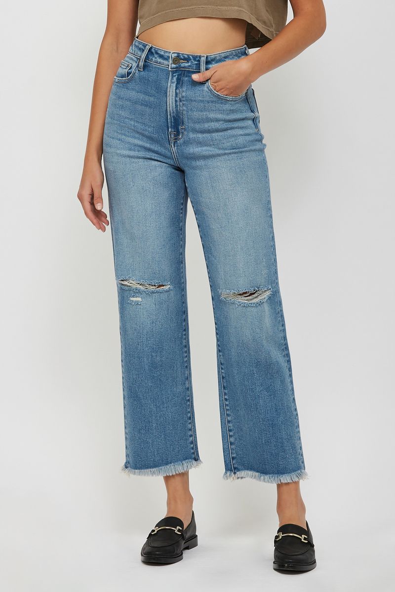 Ella High Rise Wide Straight Leg Destructed Jeans Medium