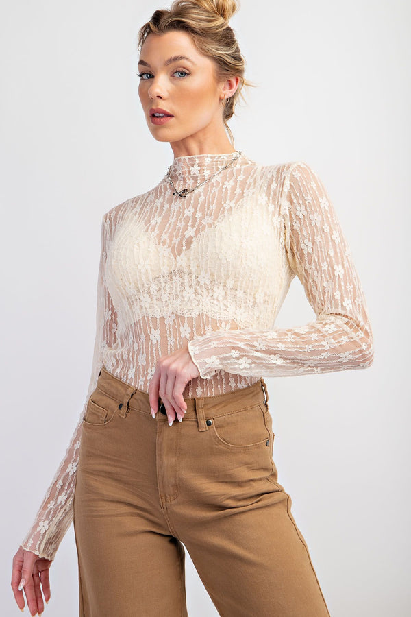 Sheer Lace High Neck Layering Top Ivory