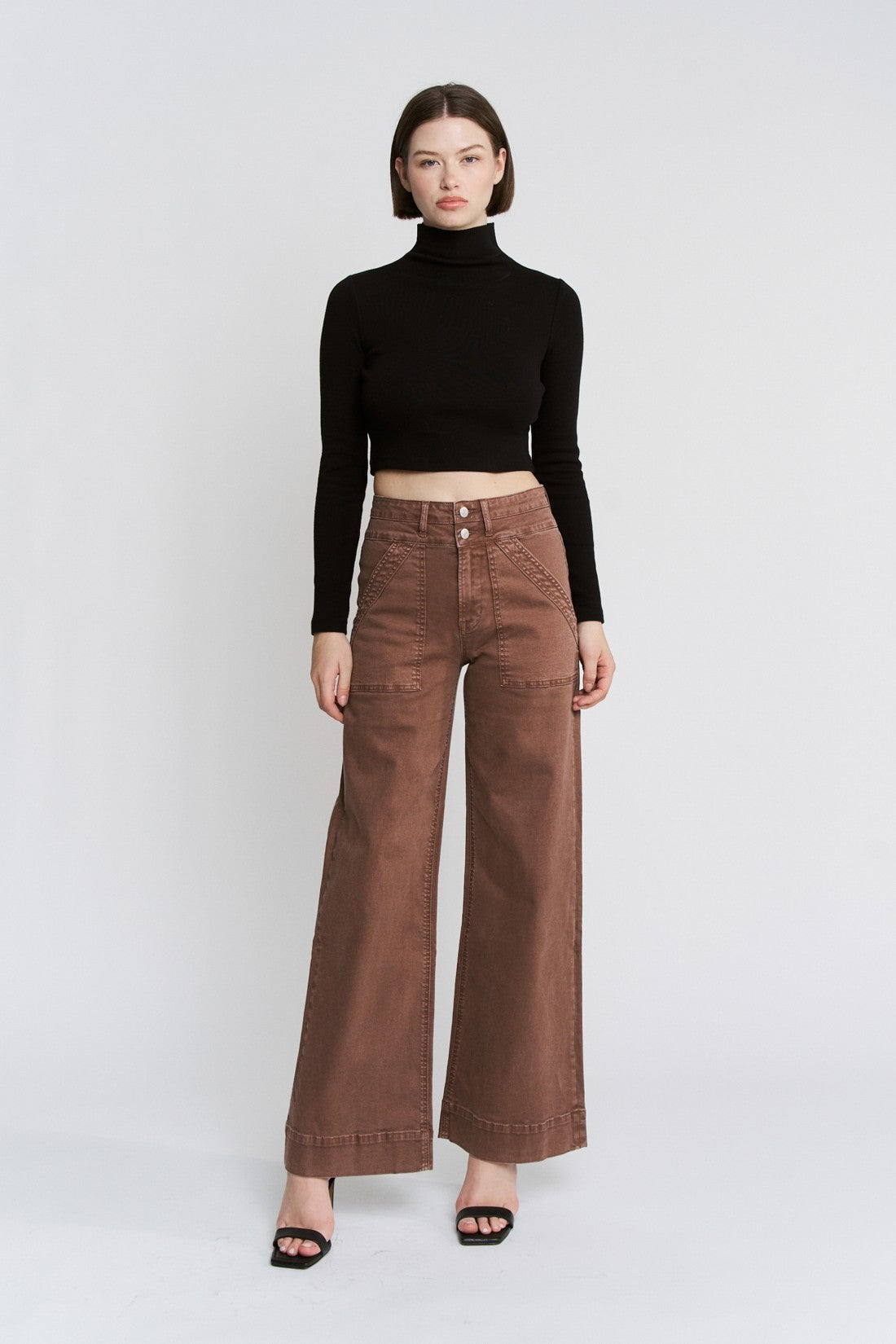 High Rise Double Waistband Wide Leg Denim Pants Cocoa
