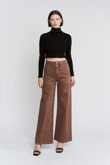 High Rise Double Waistband Wide Leg Denim Pants Cocoa