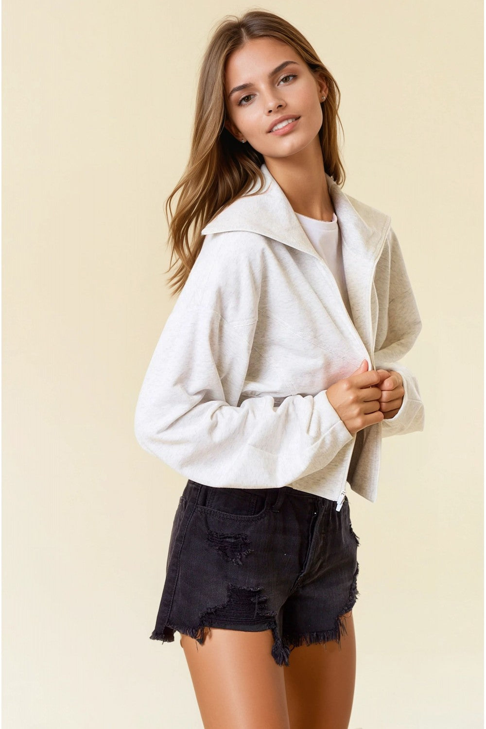 Front Zip Asymmetric Seam Details Crop Jacket Light Heather Grey