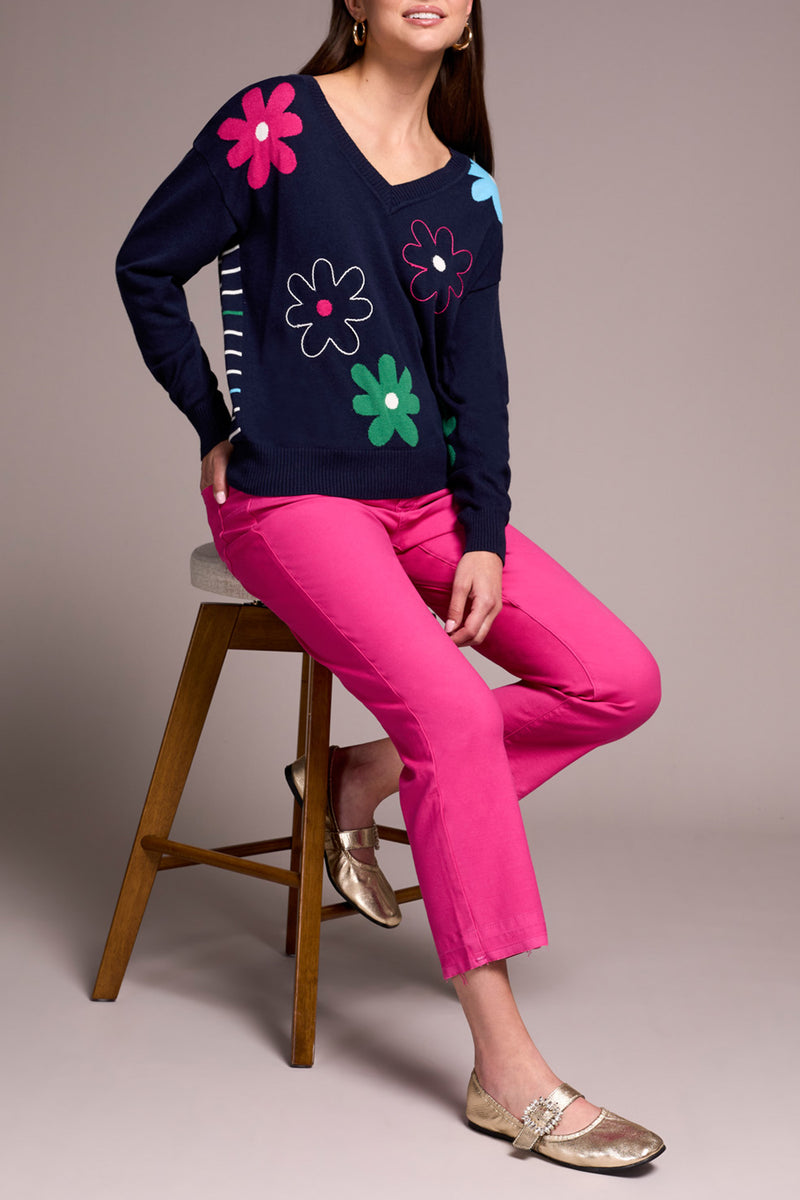 Floral Jacquard Embroidered Vneck Sweater Nightfall