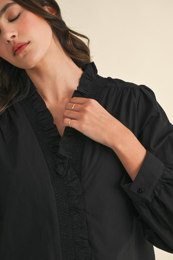 Ruffled Smock Vneck Blouse Black