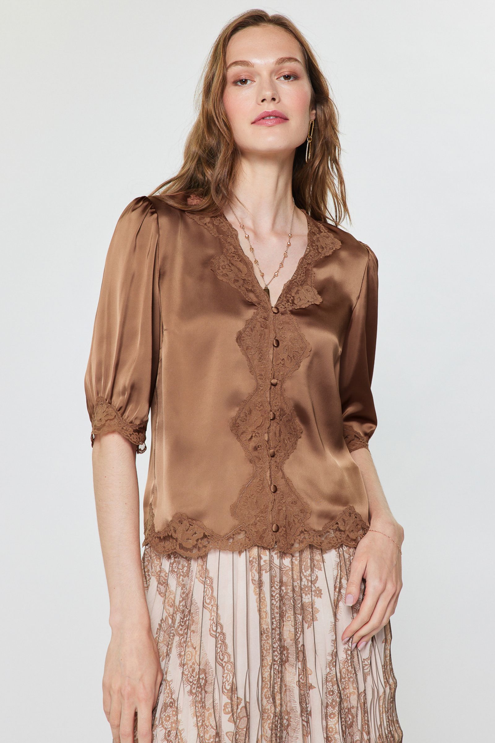 Scalloped Floral Lace Button Closure Blouse Mocha Mousse