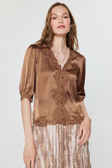 Scalloped Floral Lace Button Closure Blouse Mocha Mousse
