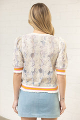 Striped Band Floral Embroidered Lace Top Lavender