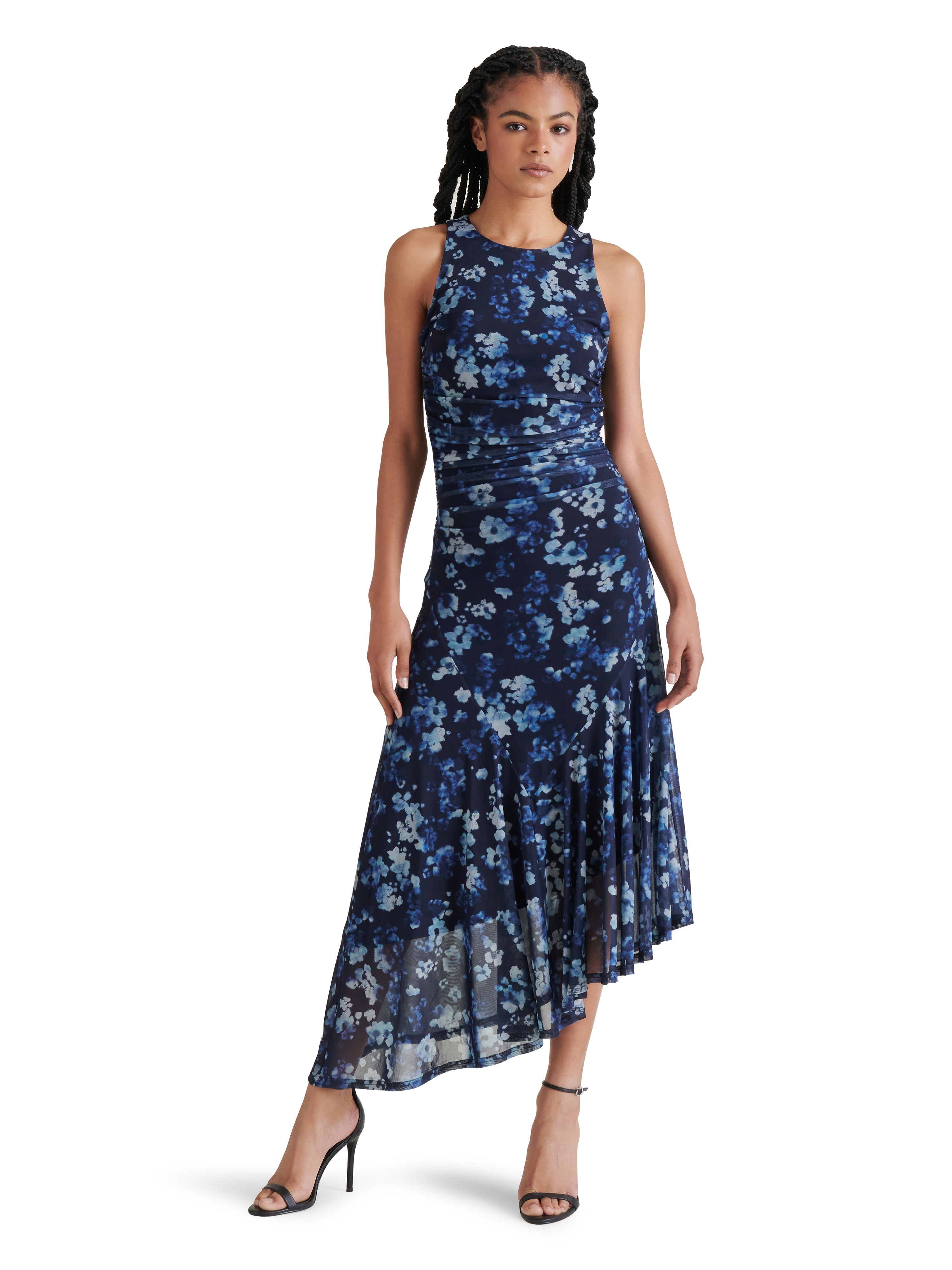 Laney Asymmetric Hem Mesh Print Dress Indigo