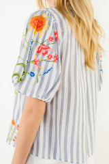Embroidered Floral Stems Puff Sleeve Stripe Top Blue