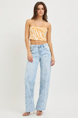 Bleached Daisy Print High Rise Wide Baggy Jeans Light