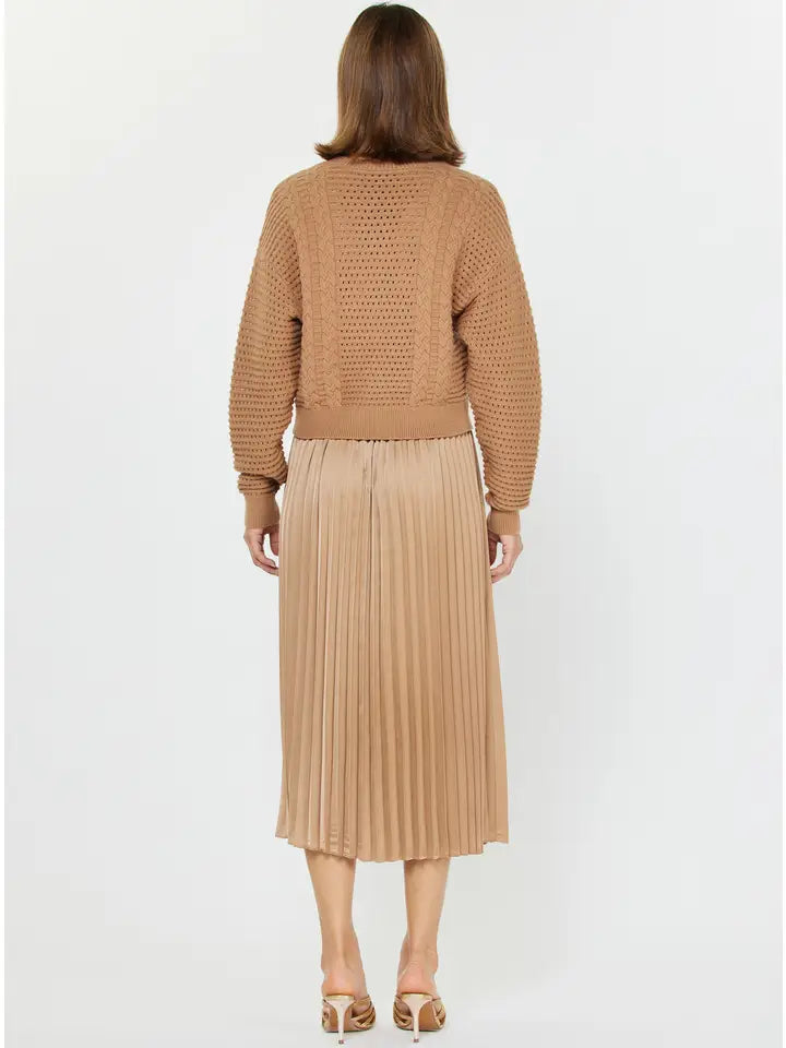 Pullover Sweater Pleated Midi Dress Set Tan