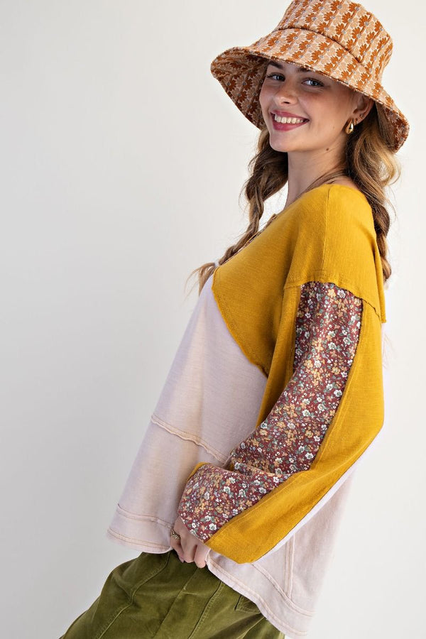 Color Block Button Front Washed Henley Top Mustard + Blush