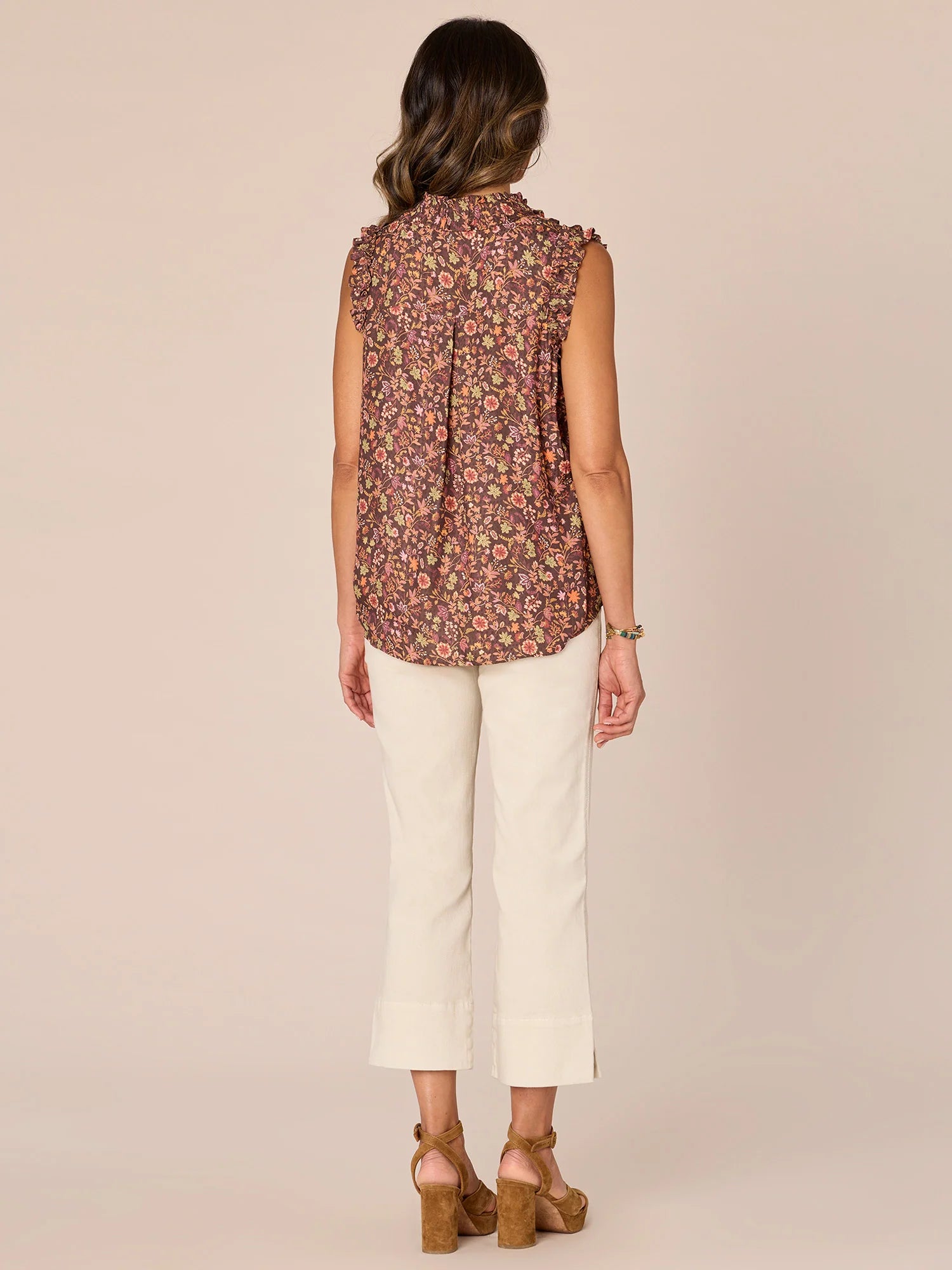 Ruffle Stand Collar Printed Woven Tank Dark Roast + Canyon Rock