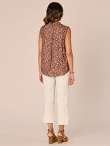 Ruffle Stand Collar Printed Woven Tank Dark Roast + Canyon Rock