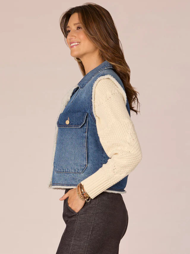 Oversized Sherpa Lined Denim Vest Blue