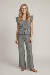 Gingham Ruffle Peplum Side Tie Top Black