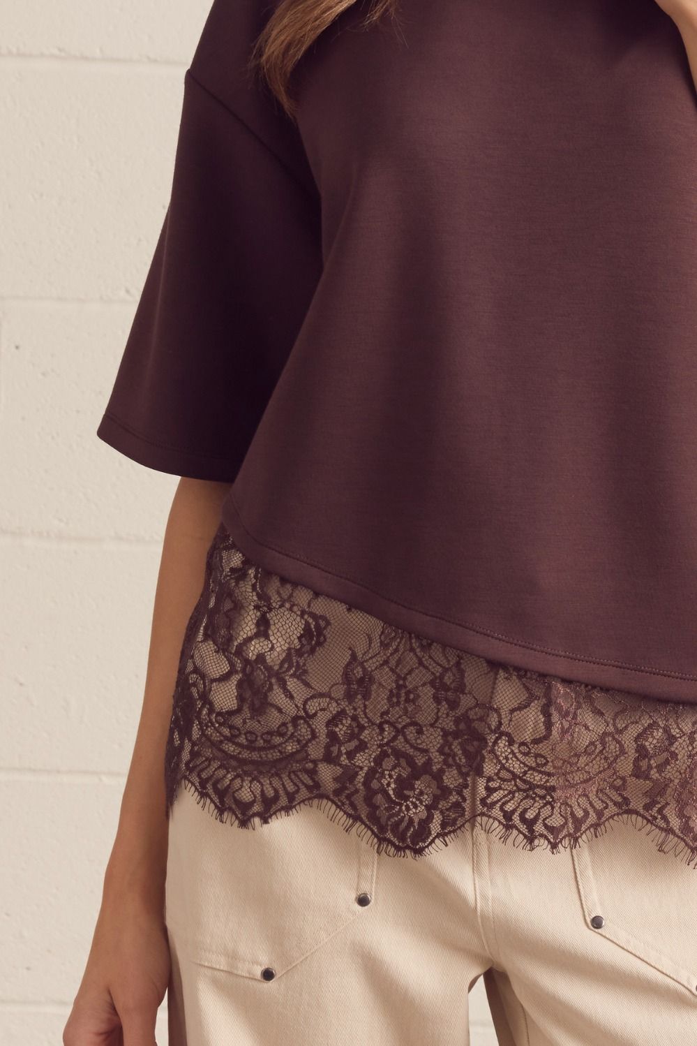 Asymmetric Lace Hem Boxy Short Sleeve Top Brown