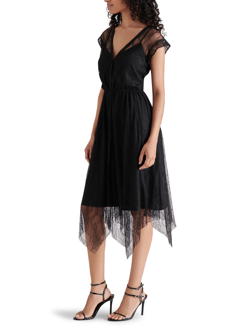 Vale Hanky Hem Chiffon Pleated Lace Midi Dress Black