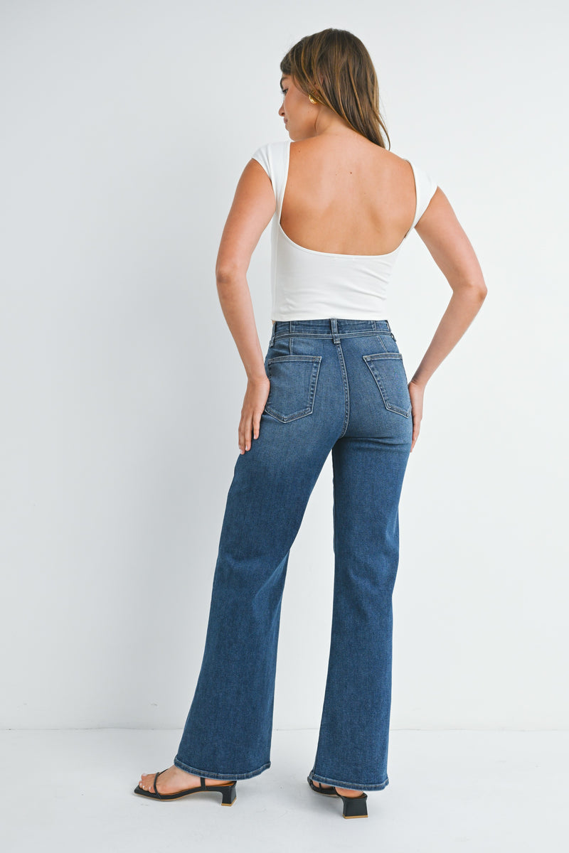 Belted Wide Leg High Rise Jeans Dark Denim