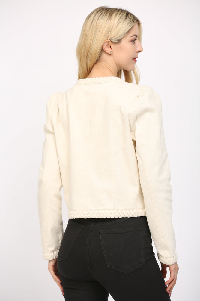 Braided Detail Puff Sleeve Denim Jacket Ecru