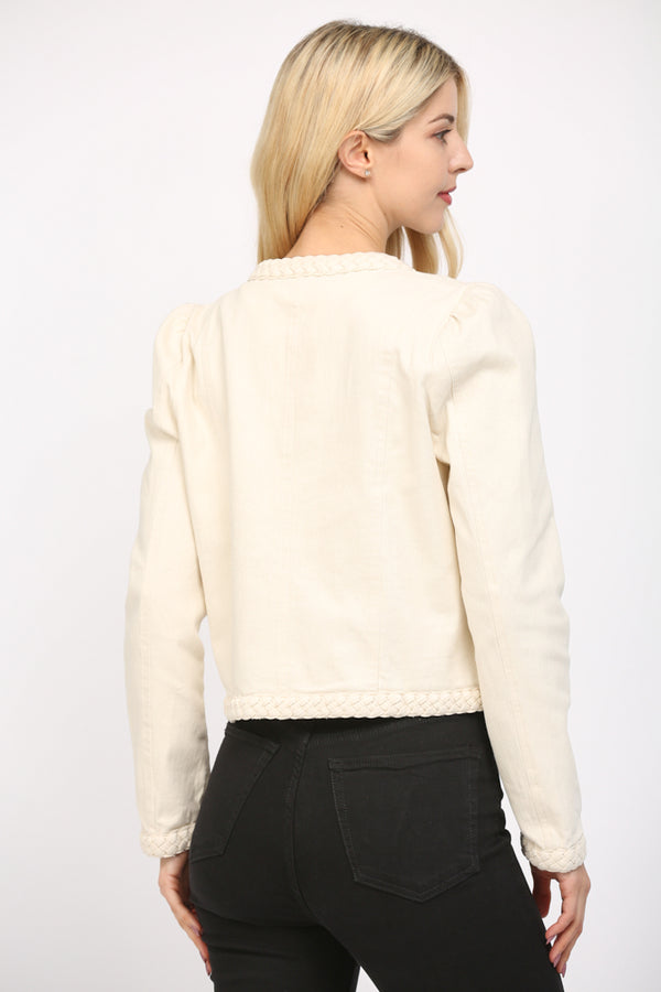 Braided Detail Puff Sleeve Denim Jacket Ecru