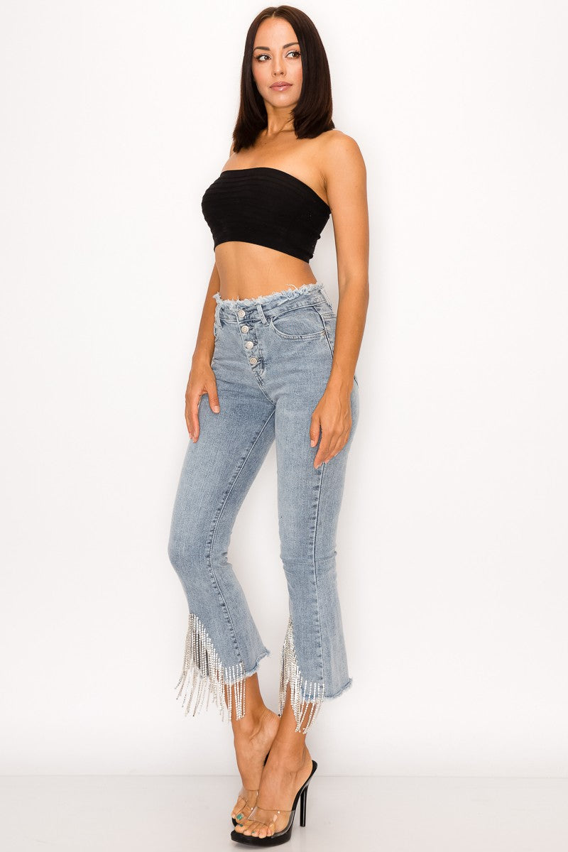 Crystal Fringe Button Fly Denim Pants Denim