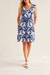 Damask Print Drawstring Knit Dress Sea Sapphire