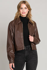 Soft Leather Zip Collared Jacket Chocolate