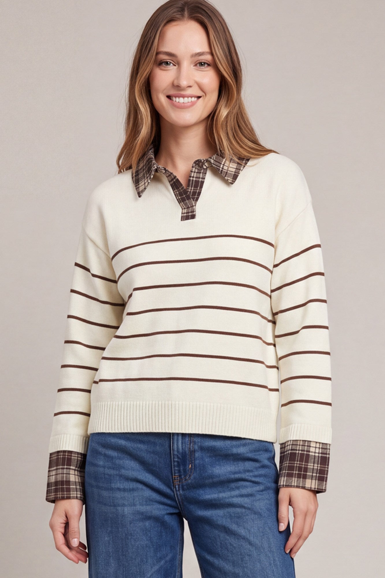 Plaid Collared Stripe Sweater Top Brown Stripe