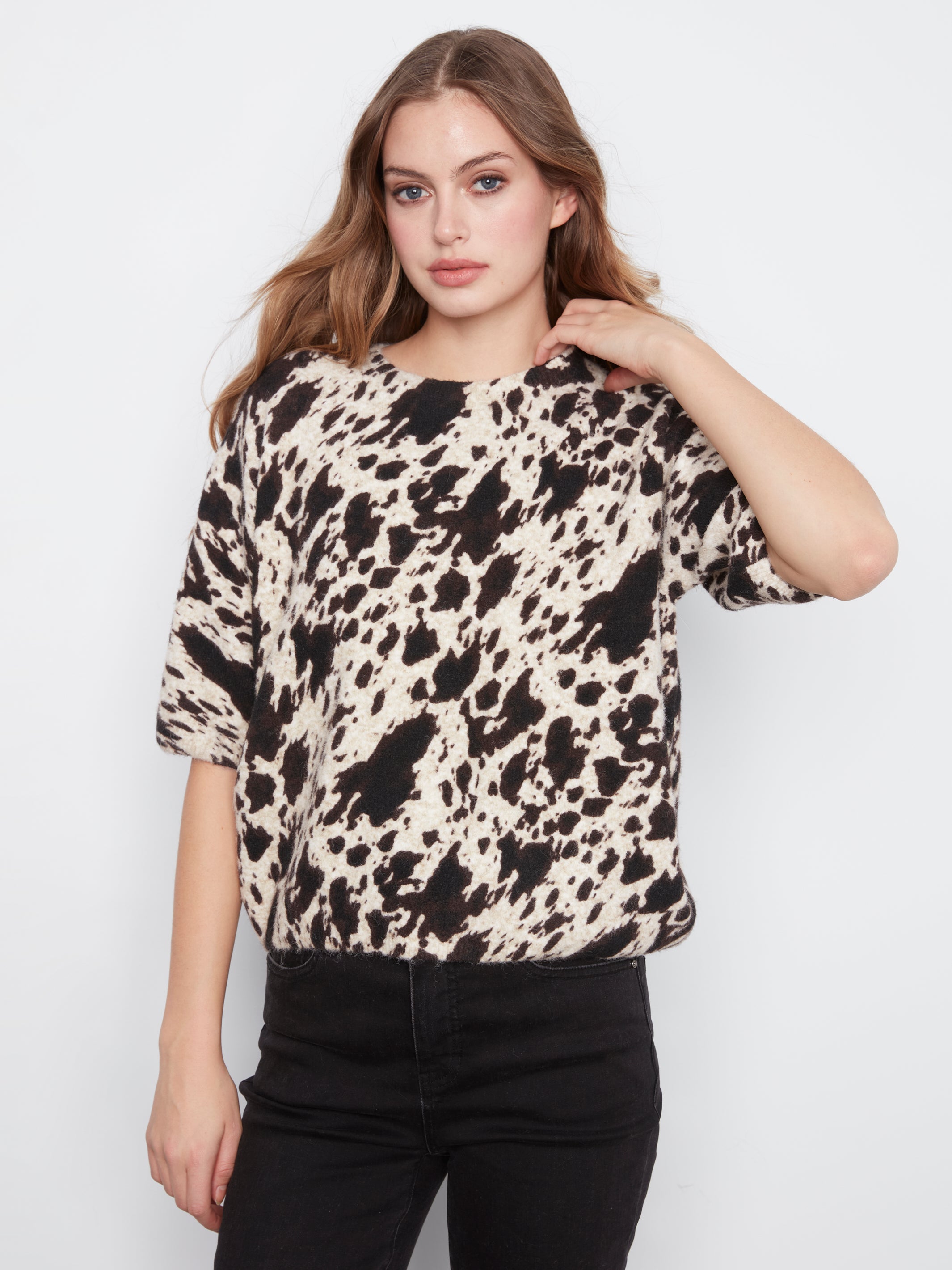 Cow Print Elbow Sleeve Balloon Shape Sweater Spots