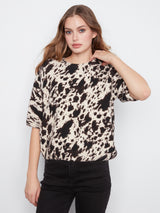 Cow Print Elbow Sleeve Balloon Shape Sweater Spots