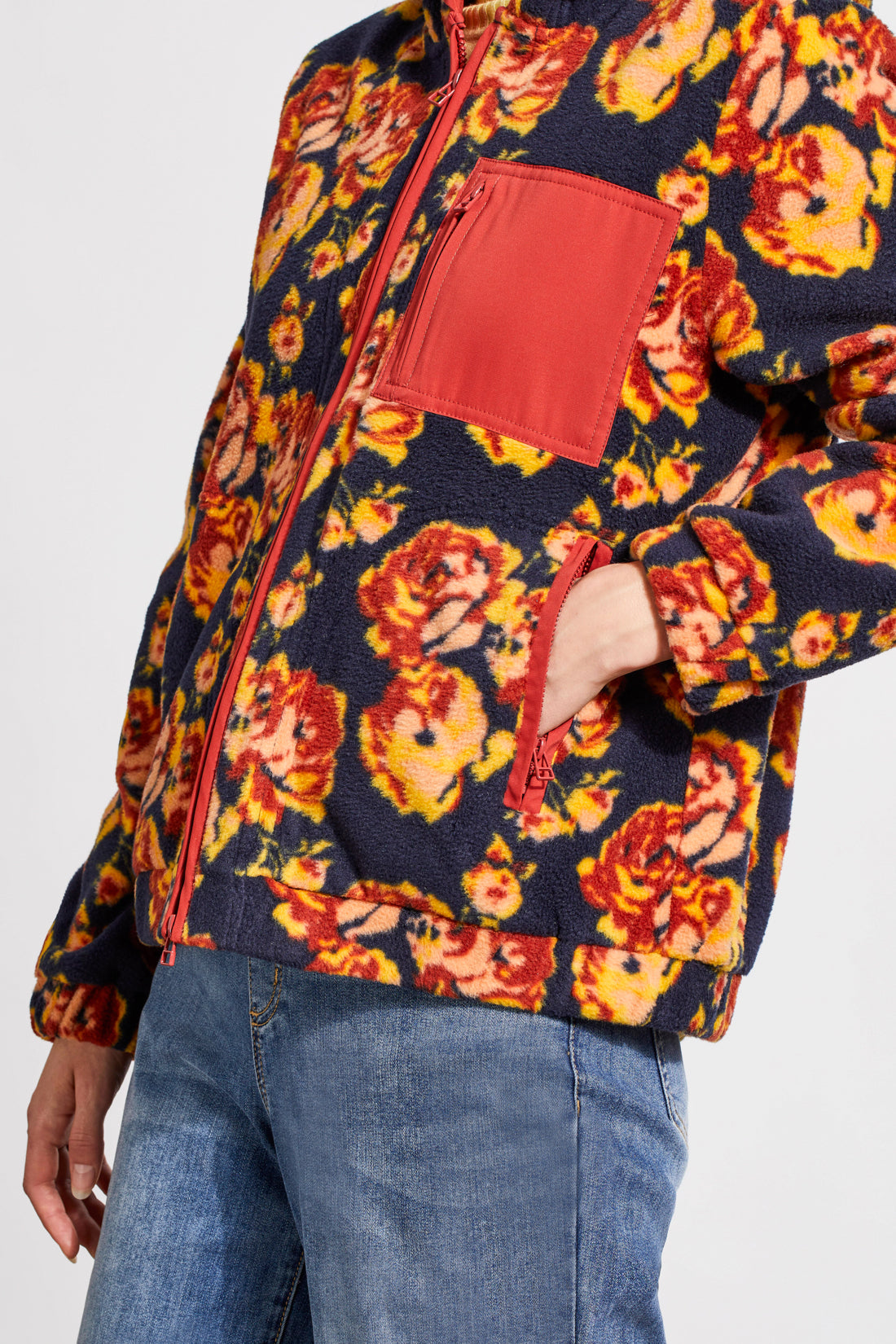 Fleece Floral Contrast Pocket Zip Jacket Night Sky