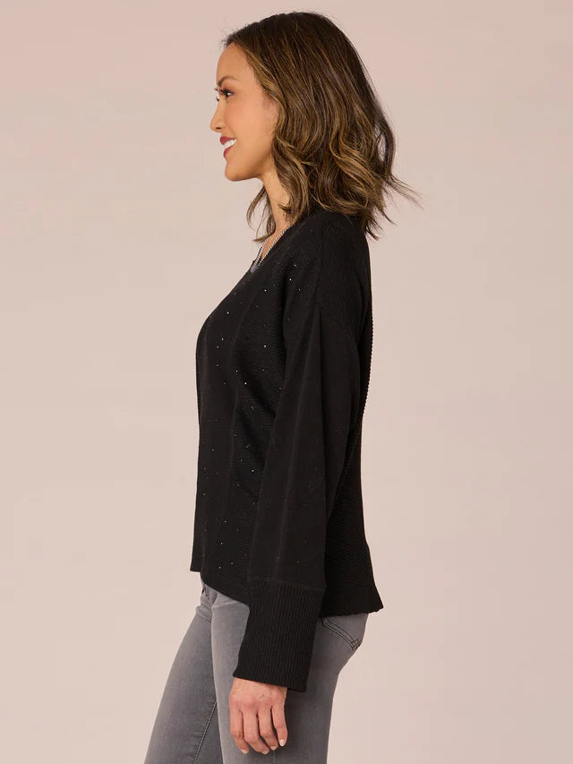 Mixed Media Rhinestone Knit Long Sleeve Top Black