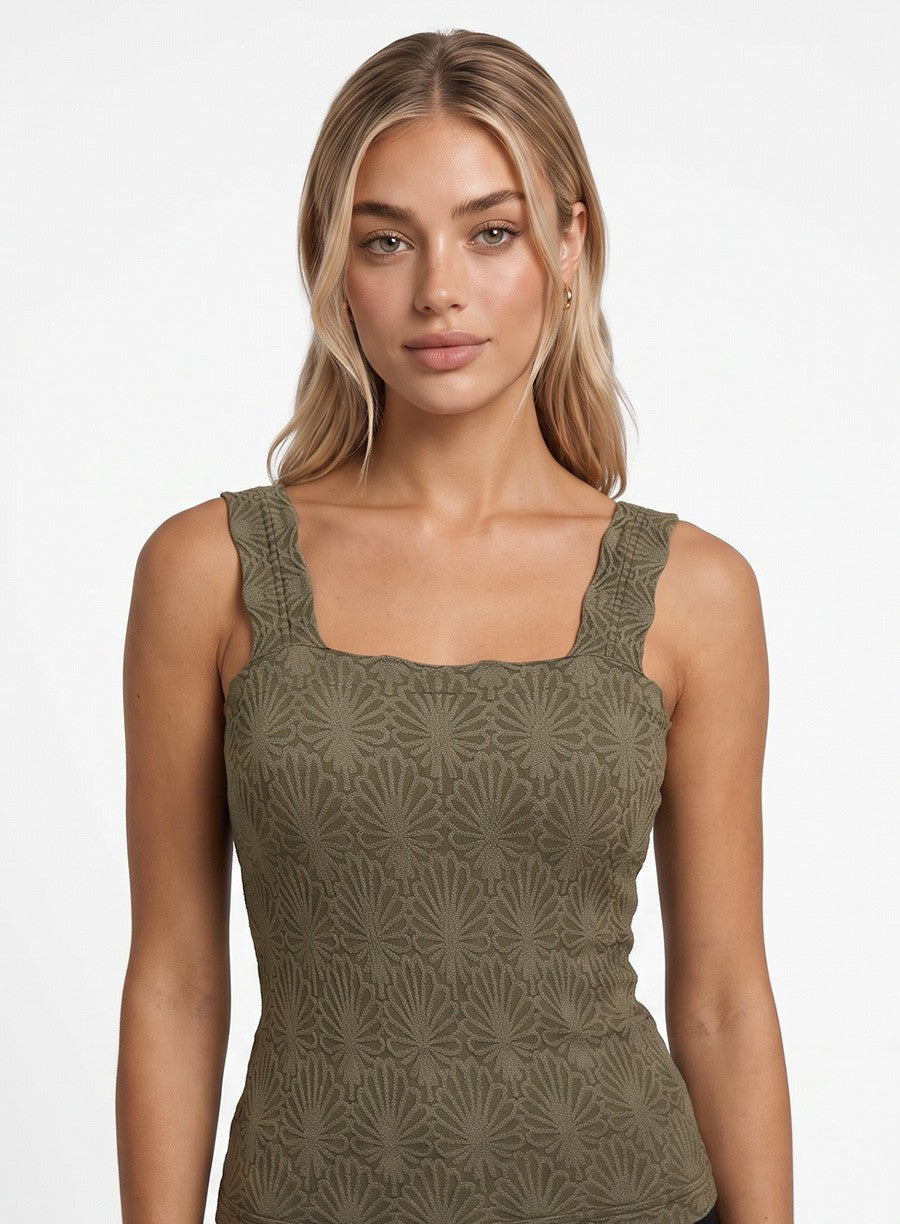 Lace Textured Square Tank Earth Olive