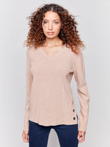 Plushy Knit Vneck Side Placket Grommet Top Heather Truffle