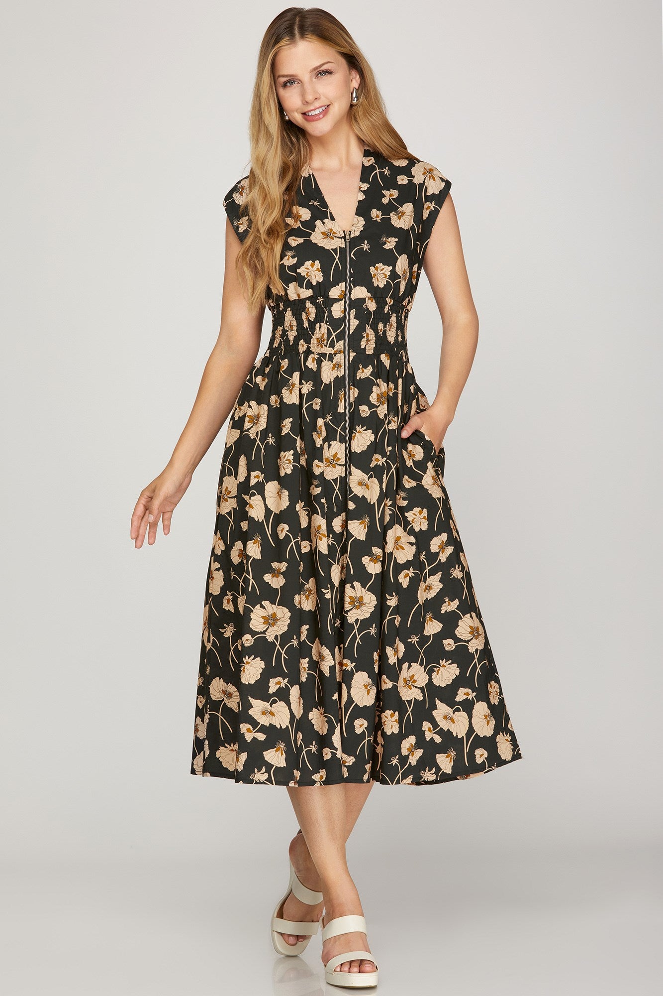 Botanical Poppy Smock Detail Zip Midi Dress Black
