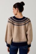Crew Neck Drop Shoulder Nordic Pattern Sweater Oatmeal-Multi