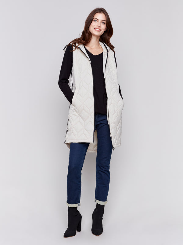 Hooded Long Quilted Puffer Vest Almond