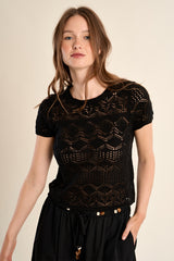 Open Crochet Knit Short Sleeve Top Black