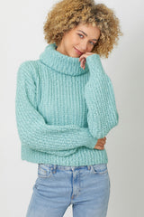 Chunky Loose Knit Turtleneck Cropped Sweater Seafoam
