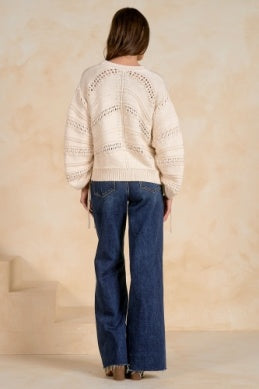 Open Knit Tie Sleeve Sweater Off White