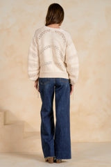 Open Knit Tie Sleeve Sweater Off White