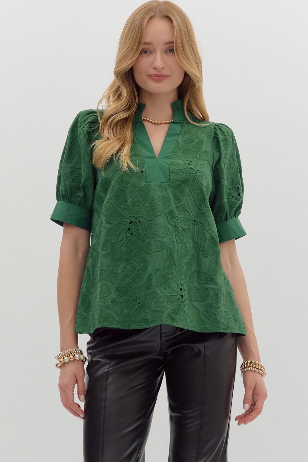 Floral Embroidered Puff Sleeve Pleated Collar Top Green