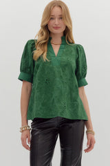 Floral Embroidered Puff Sleeve Pleated Collar Top Green