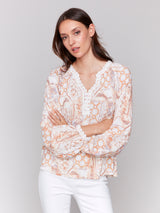 Printed Raglan Long Sleeve Blouse Papaya