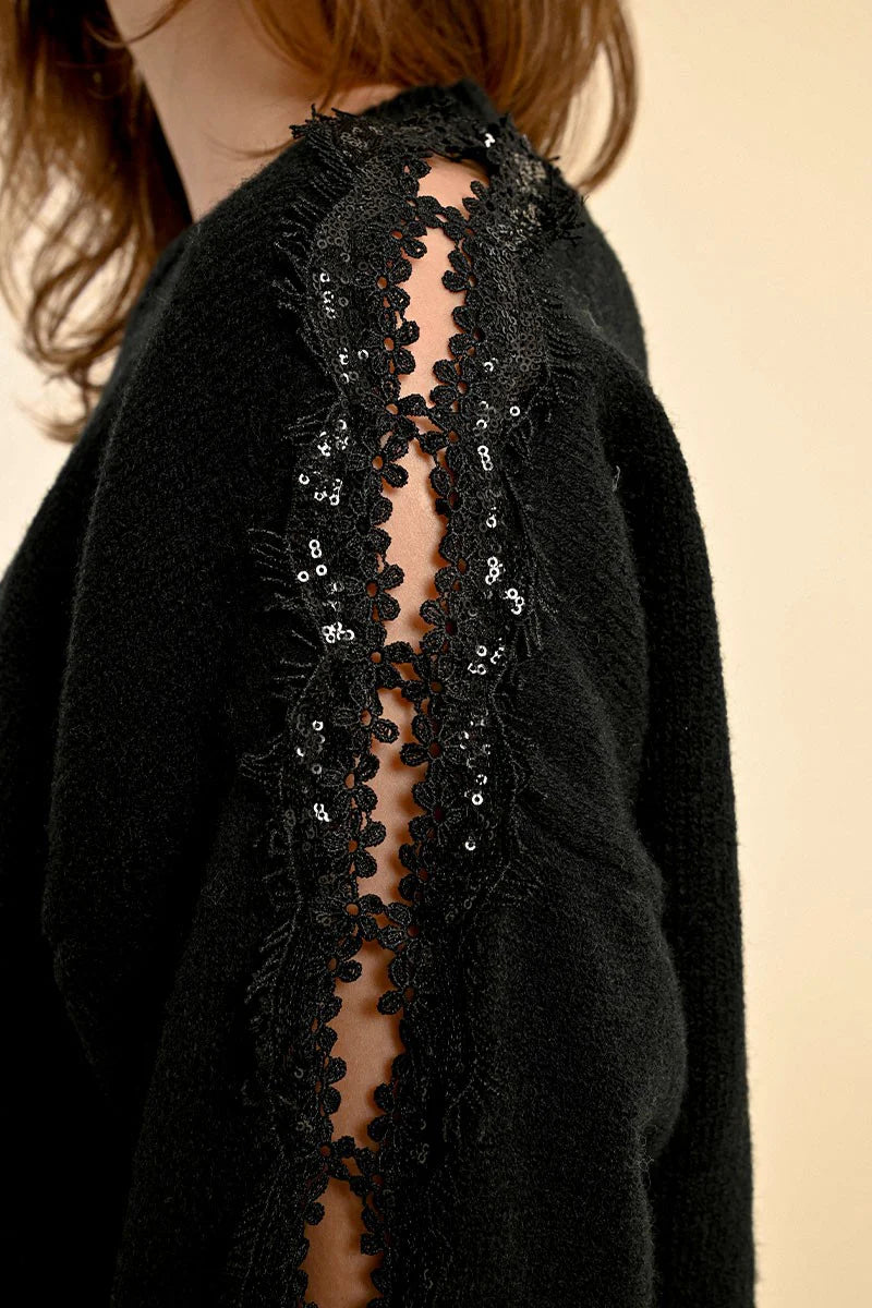 Lace Detailed Open Sleeve Crew Neck Sweater Black