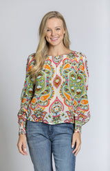 Smocked Cuff Elastic Neckline Printed Blouse Green Multi Paisley