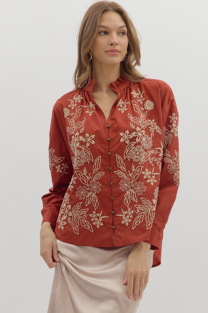 Floral Embroidered Covered Button Detail Blouse Rust