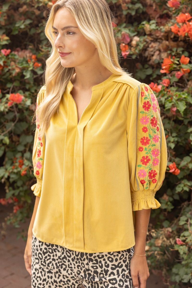 Floral Embroidered Smock Detailed Corduroy Top Mustard