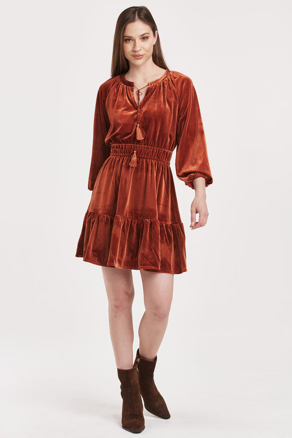 Gillian Tiered Velvet Dress Roasted Pecan