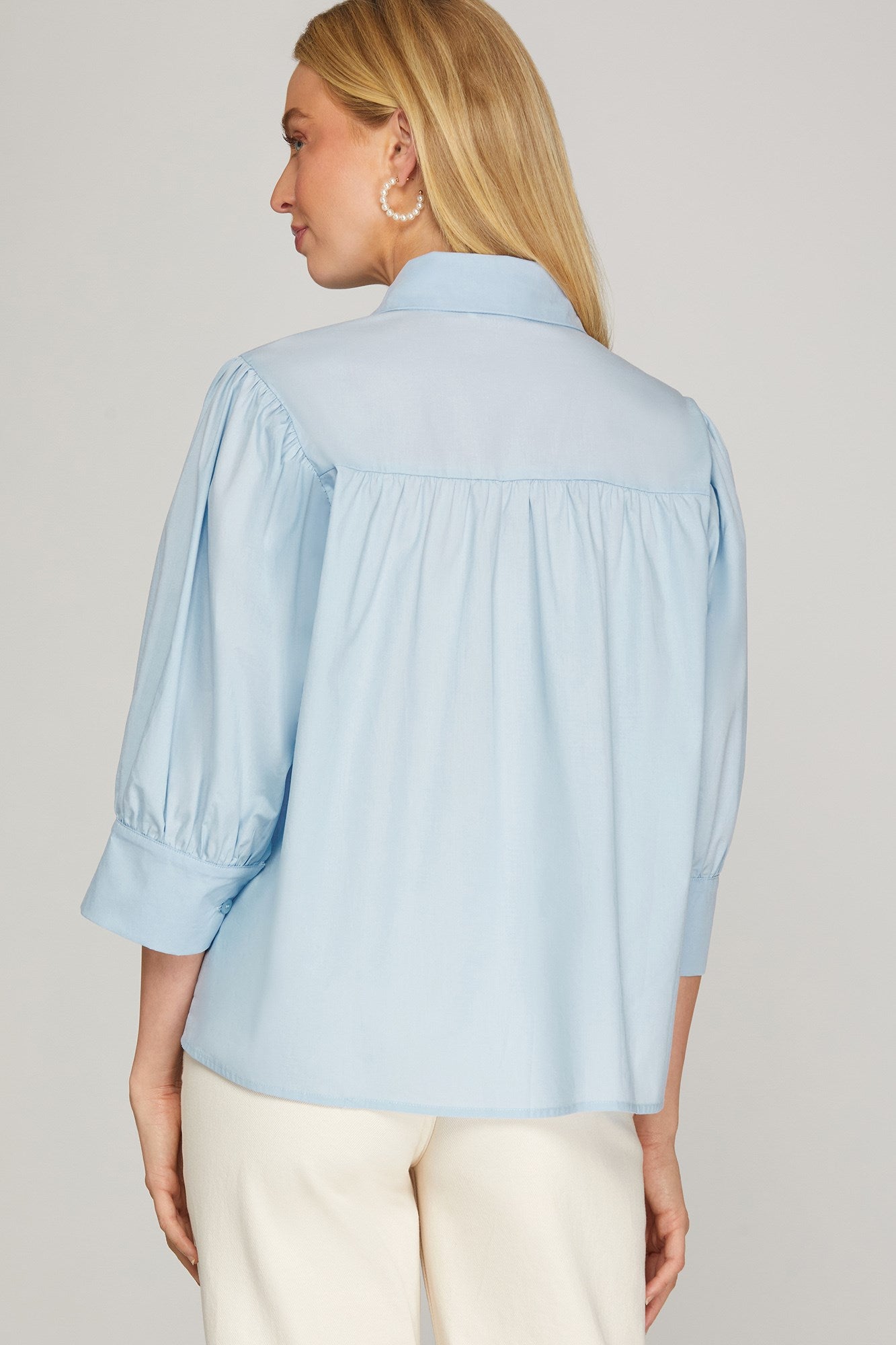 Half Cuff Sleeve Woven Button Down Shirt Light Blue